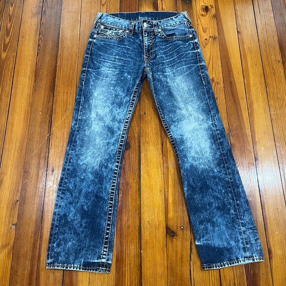 True Religion Straight Jeans W/ Flap Pockets Brn Gld Big T Blue Washed Size 33